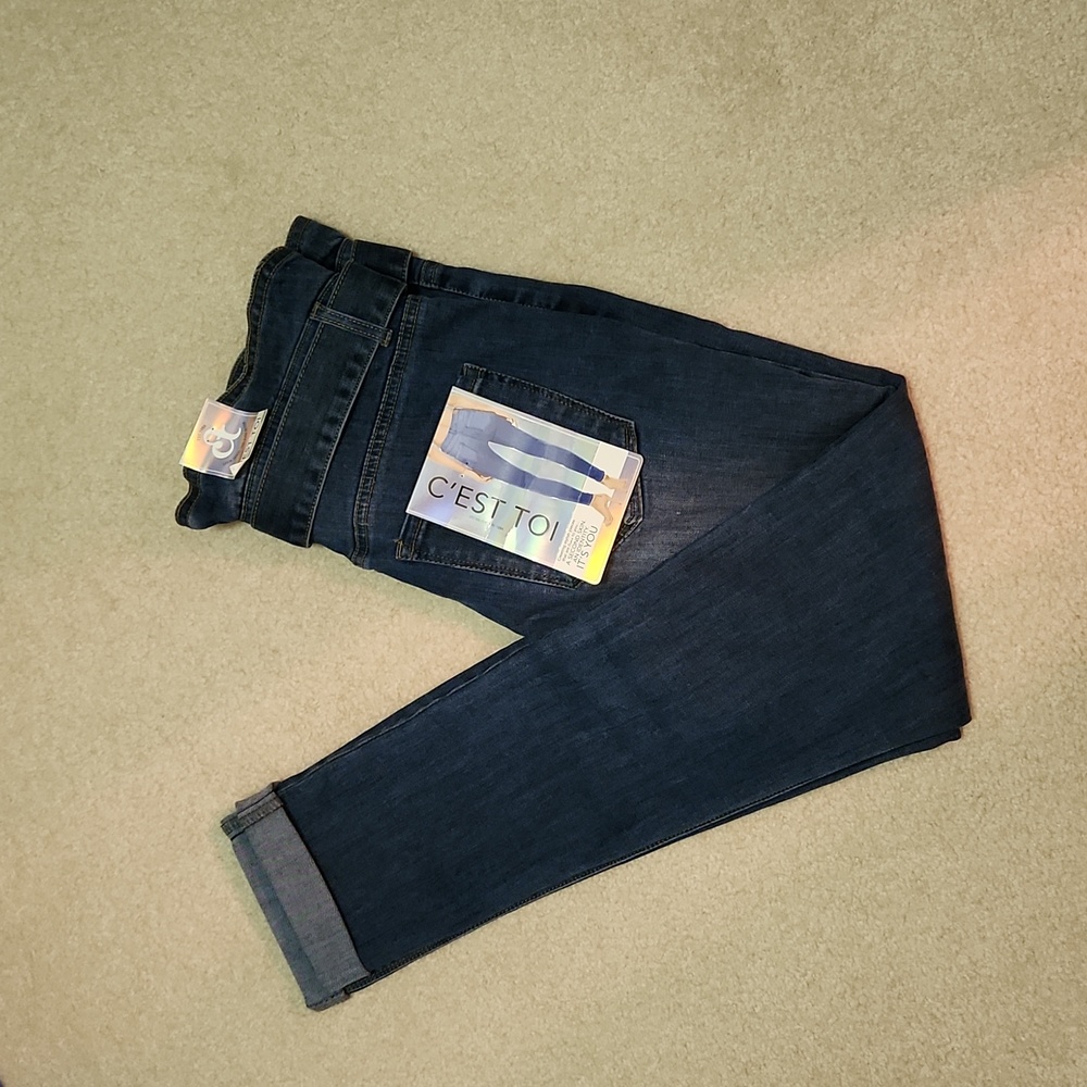 C'EST TOI High Rise Paperbag Waist Dark Blue Tapered Skinny Leg Jeans Size 13